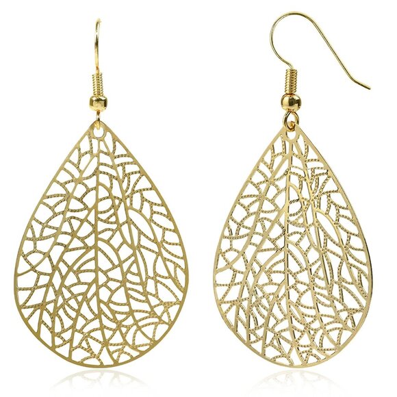 Women's Gold Teardrop Plated Leaf Handmade Filigree Drop Dangle Earrings - Picture 1 of 7